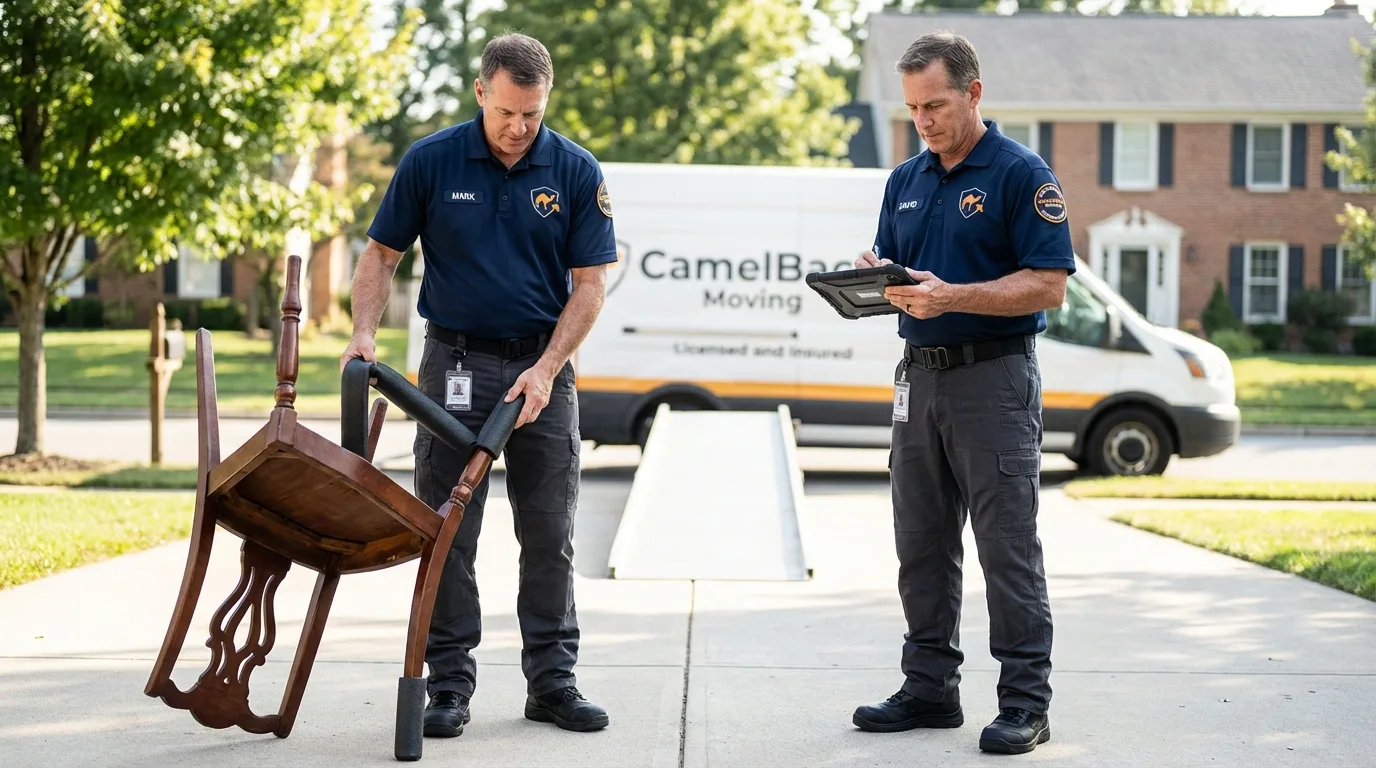 Movers inspecting furniture for damage prevention before loading in Schiller Park, IL