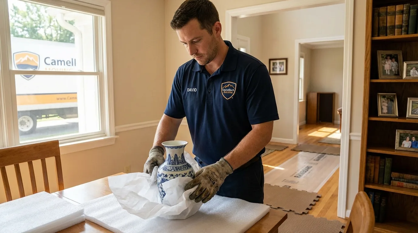 Professional crew carefully wrapping antique vase for senior downsizing move in Schiller Park, IL